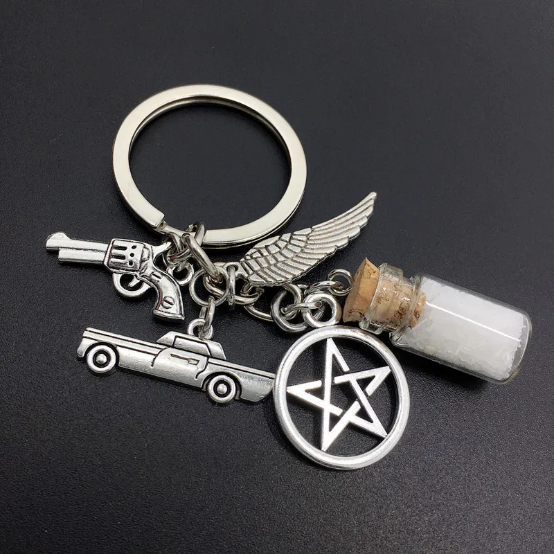 Llavero Supernatural Evil Power SPN Salt Bottle Gun Wings pentagrama