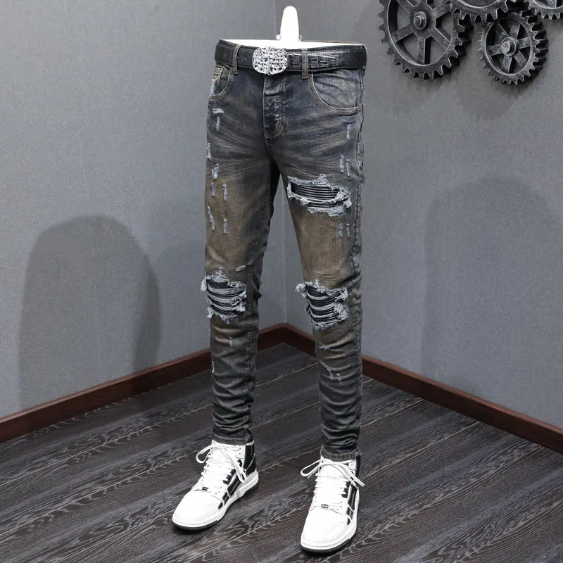 

High Street Fashion Men Jeans Retro Black Blue Stretch Skinny Fit Ripped Jeans Men Leather Patched Designer Hip Hop Brand Pants