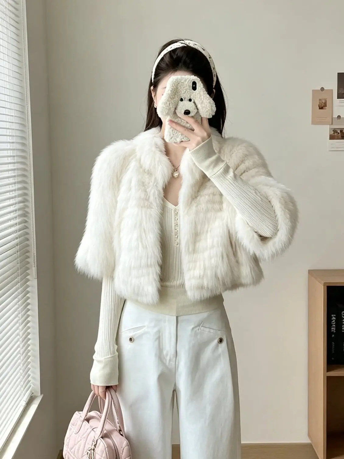BFFUR Women's Real Rabbit Fur Coat and Cozy Casual Short Fur Coat V-Shaped Style Women Natural Rabbit Fur Jacket Winter Autumn