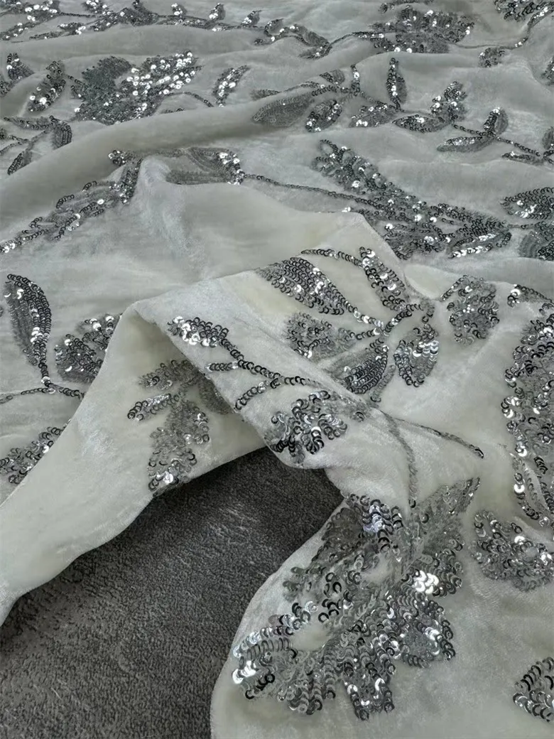 Autumn and Winter New White Bottom Silk Velvet Machine Embroidery Fabric Sequin Embroider National Style Top Vest Fabric