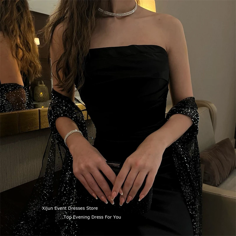 Xijun Glitter Black Evening Dress Lace 2023 Prom Dress With Jacket Luxury Prom Gown Formal Saudi Arabric Dubai Ankle Length