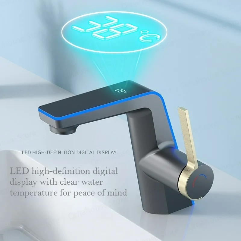 

High-end Temperature Display Faucet LED Light 2 Modes Sprayer Hot Cold Water Sink Mixer Wash Tap Single Hole for Bathroom