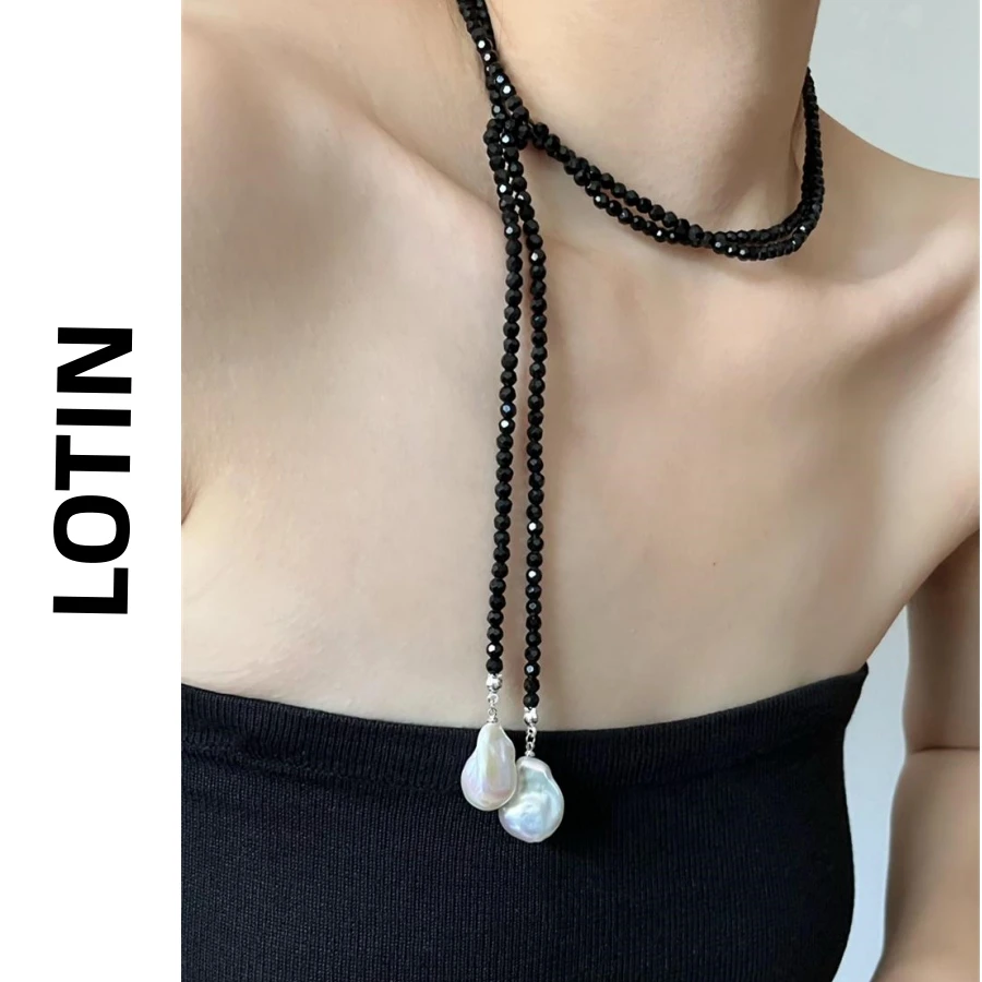 

Black spinel crystal tether niche design natural baroque pearl long necklace light luxury high sense
