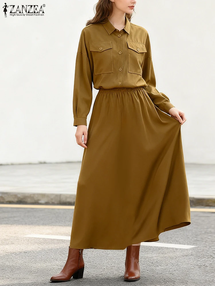 2026年春新作 レディース セットアップ ZANZEA 秋服 長袖シャツワンピーススーツ エレガント 仕事着 ツーピースセット 無地 OL風トラックスーツ