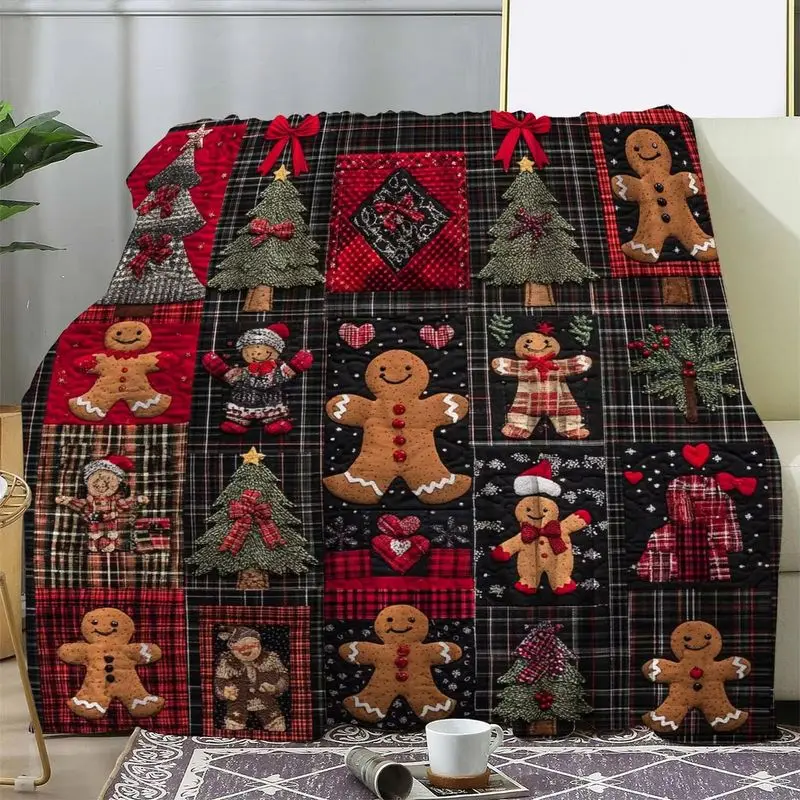 VIKAMA Christmas Throw Blanket Patchwork Gingerbread Tree Santa Heart Soft Plush Fleece Couch Sofa Blanket Holiday Decor