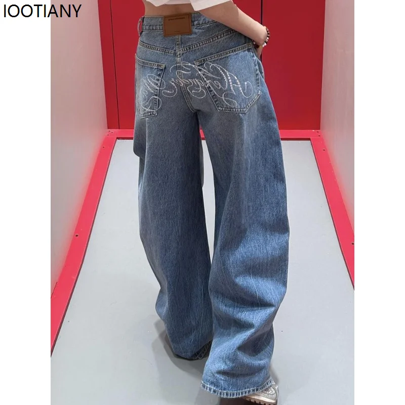 Large Size Hot Diamond Blue Vintage Letters Rhinestone Women's Jeans Washed High Waist Wide Leg American Loose Y2k Streetwear
