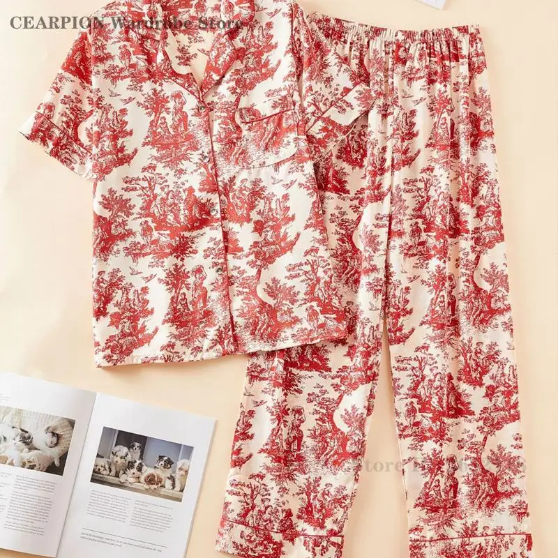 

Новые женские пижамы, комплект из 2 предметов, одежда для дома, весна-лето, брюки с короткими рукавами, пижамный костюм, одежда для сна с красным принтом, свободная домашняя одежда