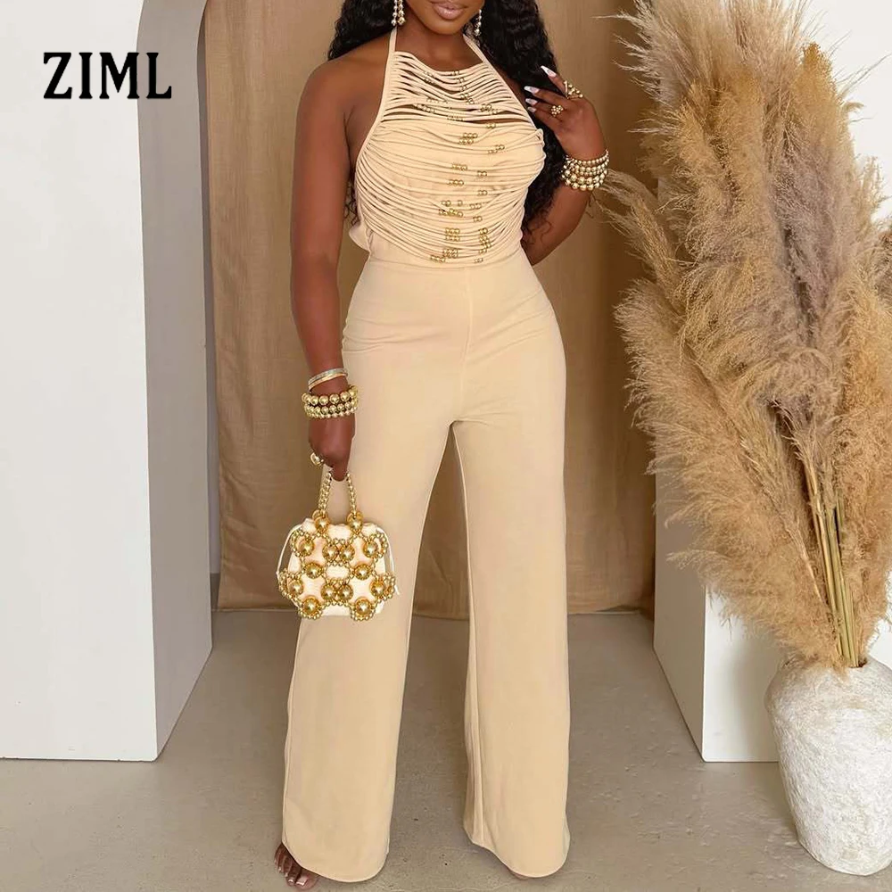 

ZIML Solid Spliced Diamonds Slimming Jumpsuits for Women Round Neck Sleeveless High Waist Temperament Jumpsuits Female Fashion