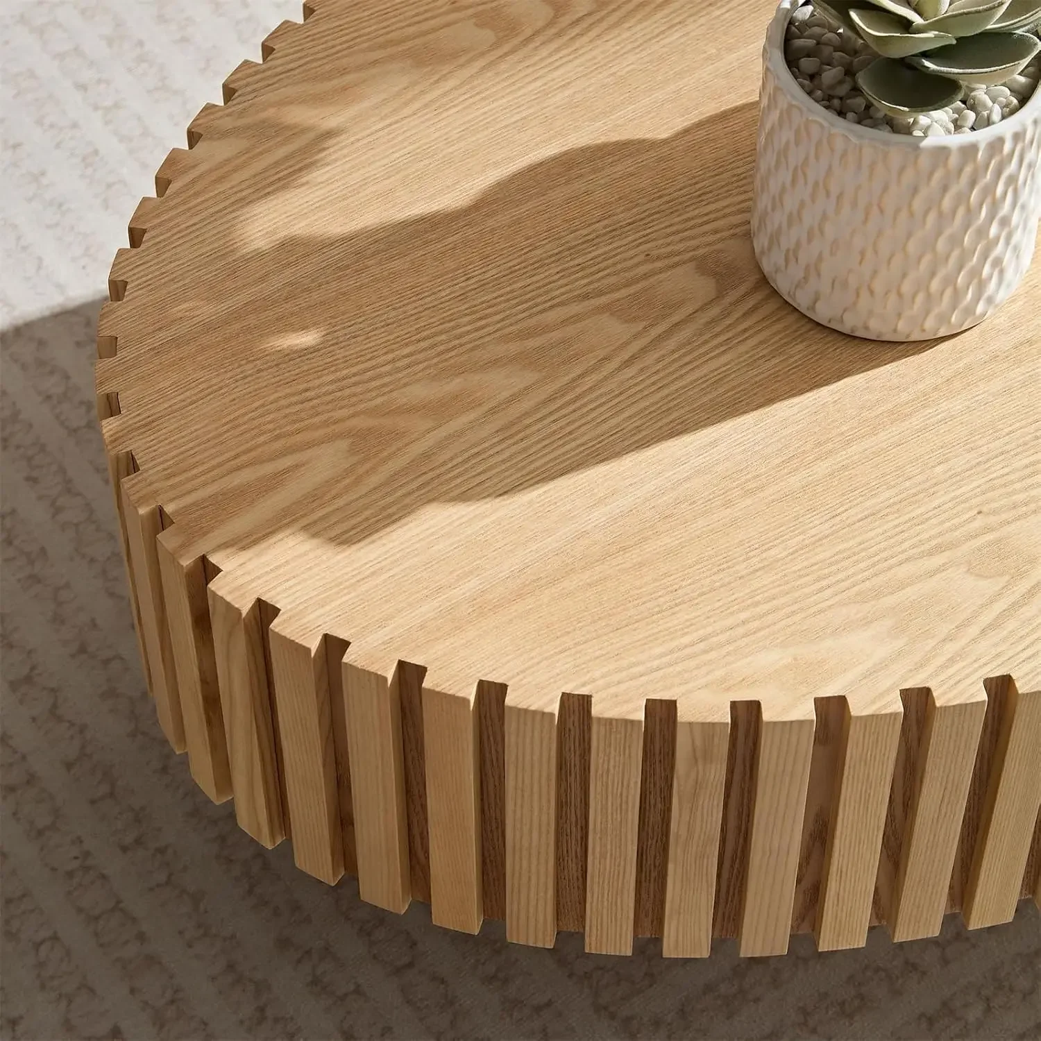 Mesa de centro de tambor ovalado, pedestal resistente con relieve hecho a mano, mesa de té de madera en forma de oliva para sala de estar, 43,7 pulgadas de largo x 13,38 pulgadas de alto