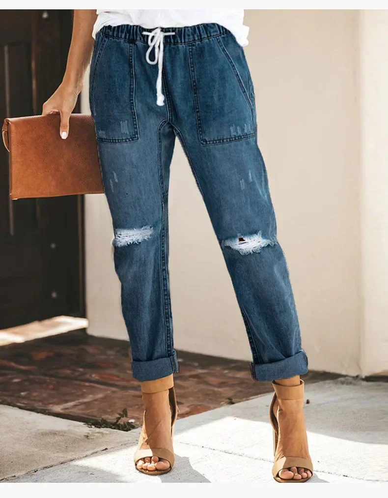 New 2022 Summer Sexy temperament European and American denim straight leg pants with elastic oversized women\'s jeans ripped
