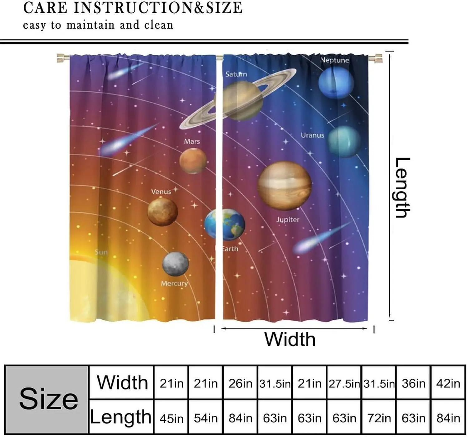 Solar System Universe Curtains,Outer Space Planet Study Knowledge Galaxy Pattern Drapes Window 2 Panel Rod Pocket Curtain for