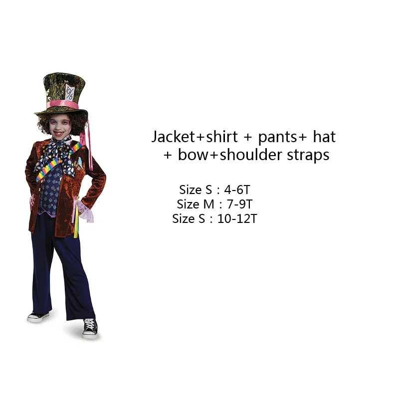 Adult Mad Hatter Cosplay Costume for Men Kids Jacket Pants Tie Suit with Top Hat Halloween Carnival Themed Party Dress-up Outfit