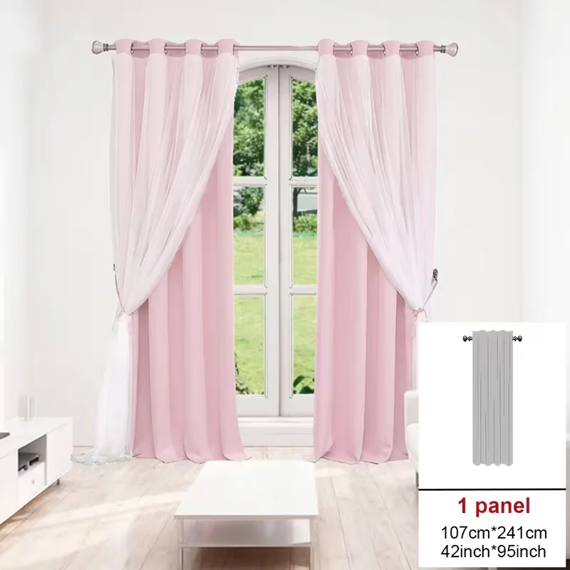 1pc Beige Double Layer Curtain, Grommet Blackout Drape with White Sheer Tulle, Thermal Insulated Window Curtain for Bedroom Livi