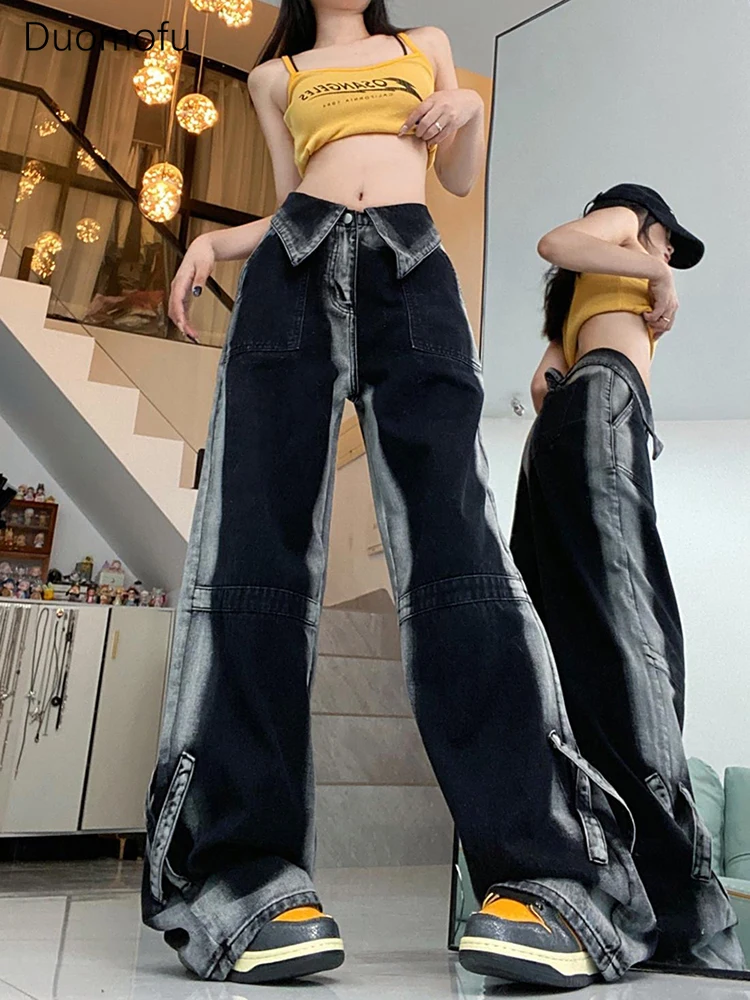 Duomofu Hem Design Dark Grey Baggy Jeans Female Summer Unisex Style Loose High Waist Straight Tube Casual Denim Pants Women