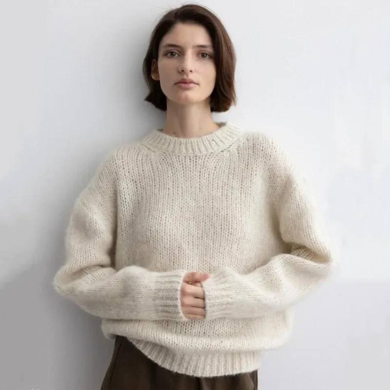 Moi@ Sweater, Women\'s Mohair Knitted Sweater, Lazy and Loose Woolen Sweater Top, Korean Niche 2024 Autumn and Winter