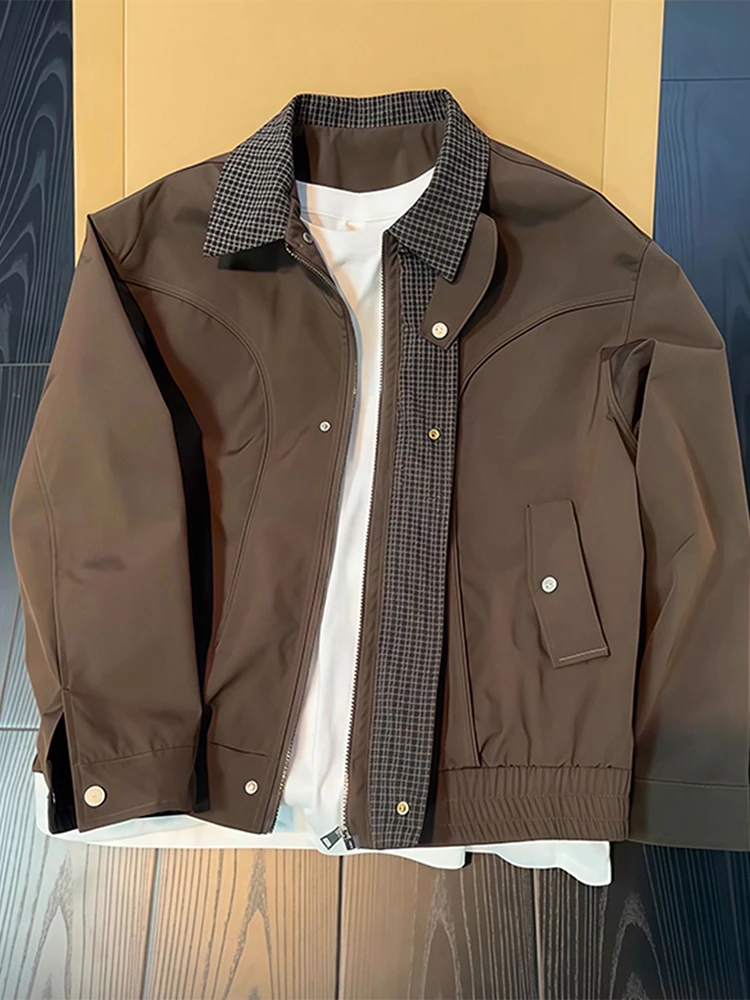 

Винтажная коричневая мужская куртка в клетку, осенняя, модная, брендовая, премиум-класса, в стиле пэчворк, американская куртка-пилот, молодежная, с воротником-стойкой