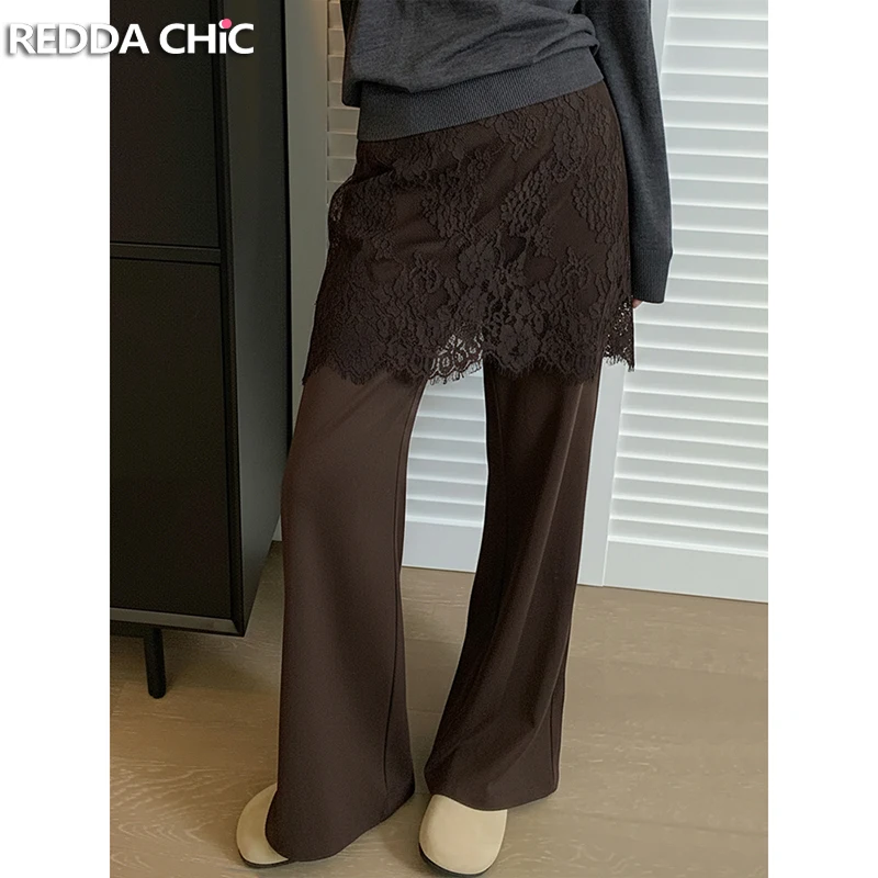 

Костюм ReddaChic: юбка с кружевными вставками и брюки-кюлоты больших размеров, модный комплект из двух частей, драпированные широкие брюки коричневого цвета, повседневная одежда для женщин
