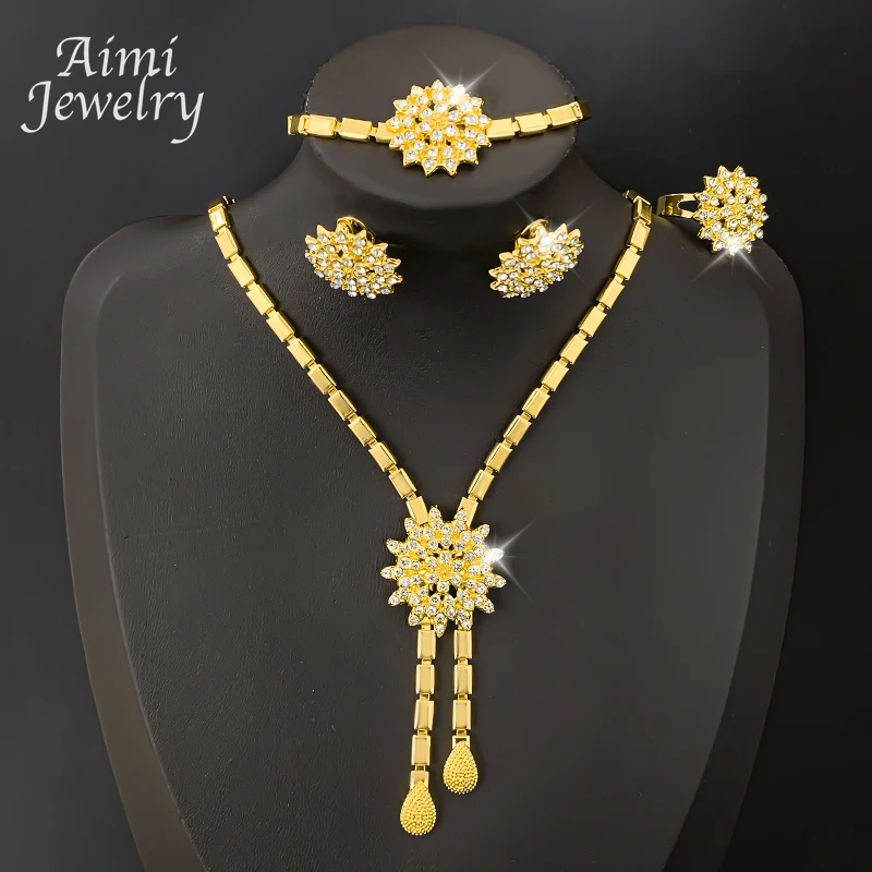 Luxuriöses, glänzendes, mit Strasssteinen vergoldetes Schmuckset für Damen, Halskette, Ohrring, Armband, Ring, Zirkonia, Schmuck, Hochzeit, Party, Geschenke
