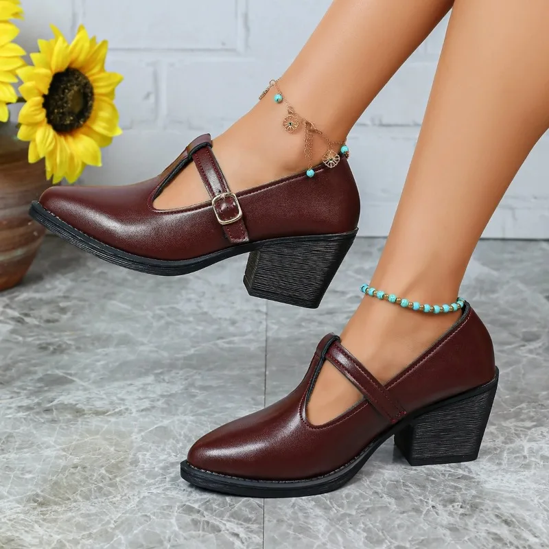 Retro Pointed Toe Block Heel Single Shoes New Soft Leather Non-Slip High Heels for Autumn