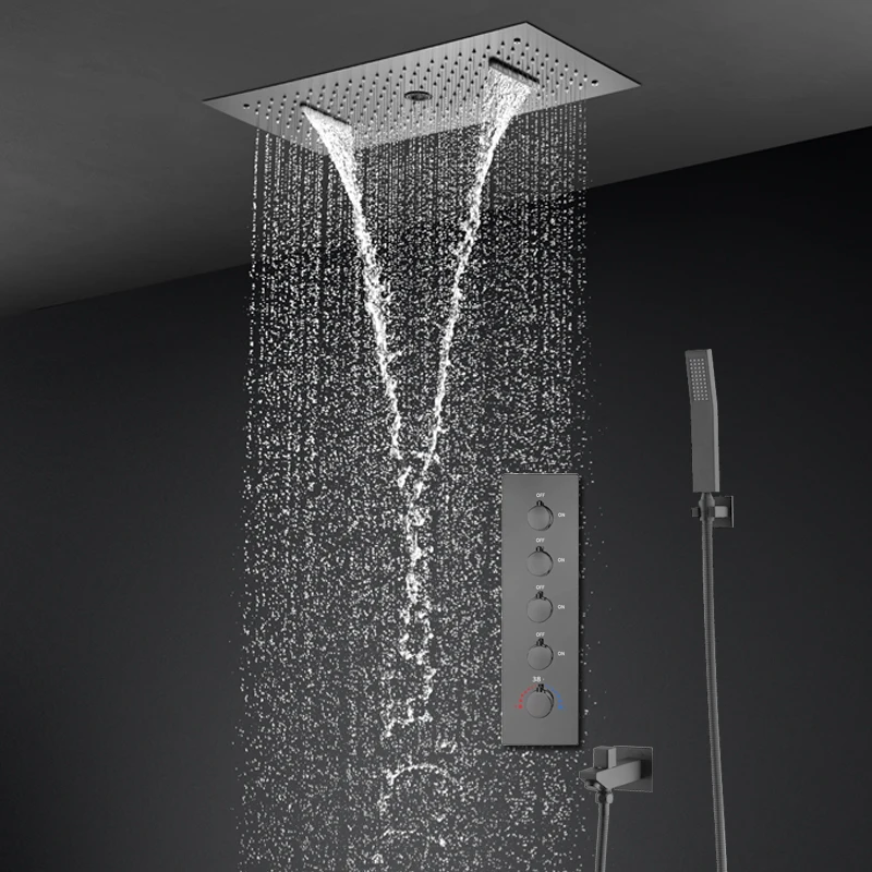 Gun Grey Bathroom Shower Set Rain Waterfall Massage Column Showerhead 300x600mm Thermostatic Valve