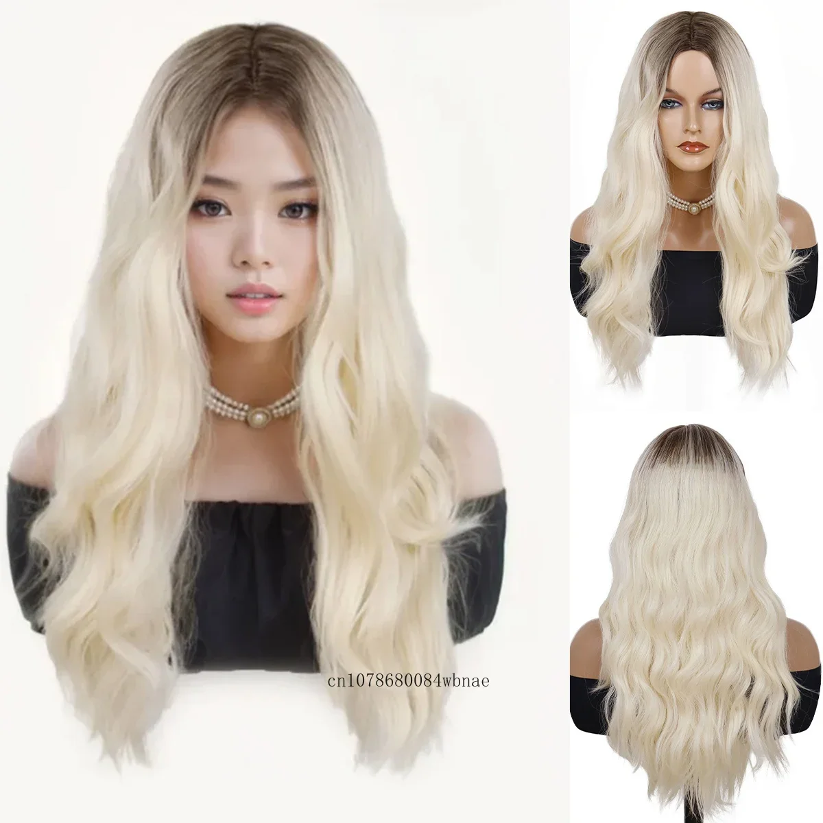 Wig rambut sintetis Platinum pirang dengan poni untuk wanita Wig panjang bergelombang keriting lembut kostum pesta harian Halloween tahan panas