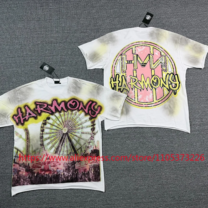 2026 New Arrival HARMONY Men's Oversized Washed T-Shirt Ferris Wheel Print Casual Streetwear Hip Hop Tee