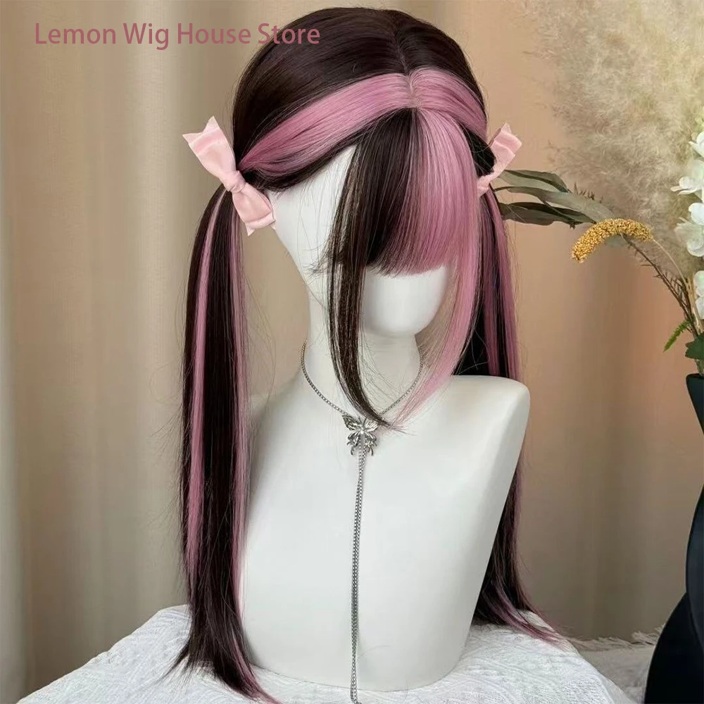 Picture 7: Black Ombre Pink Lolita Wig with Bangs Synthetic Straight Hair Natural Layered Wigs for Women Daily Cosplay Wig Heat Resistant