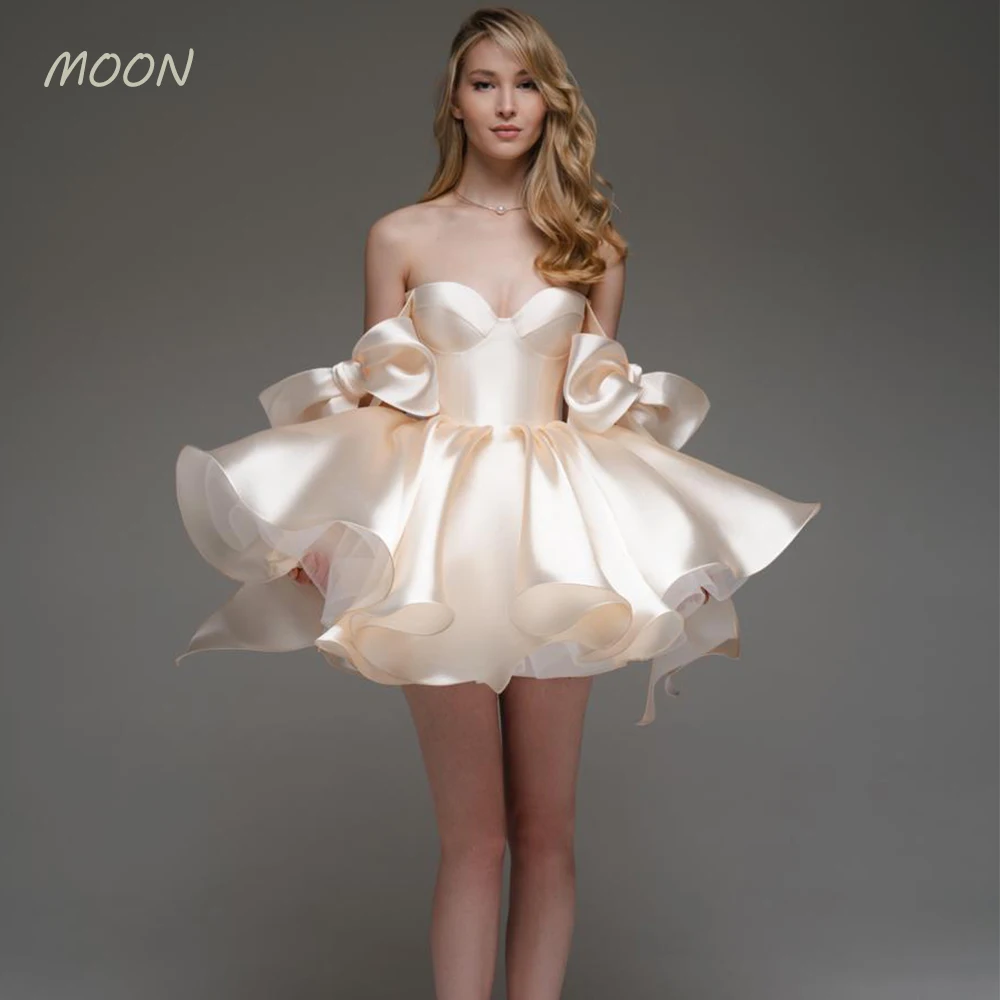 Moon Strapless and off-the-shoulder bow skirt Pleated satin cocktail ball dress Girl graduation party formal evening dress