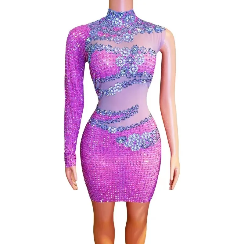 Sleeveless Mesh Short Dress for Pink Rhinestones Single Women Singer Bar Concert Stage Performance Costume Birthday Party Wear