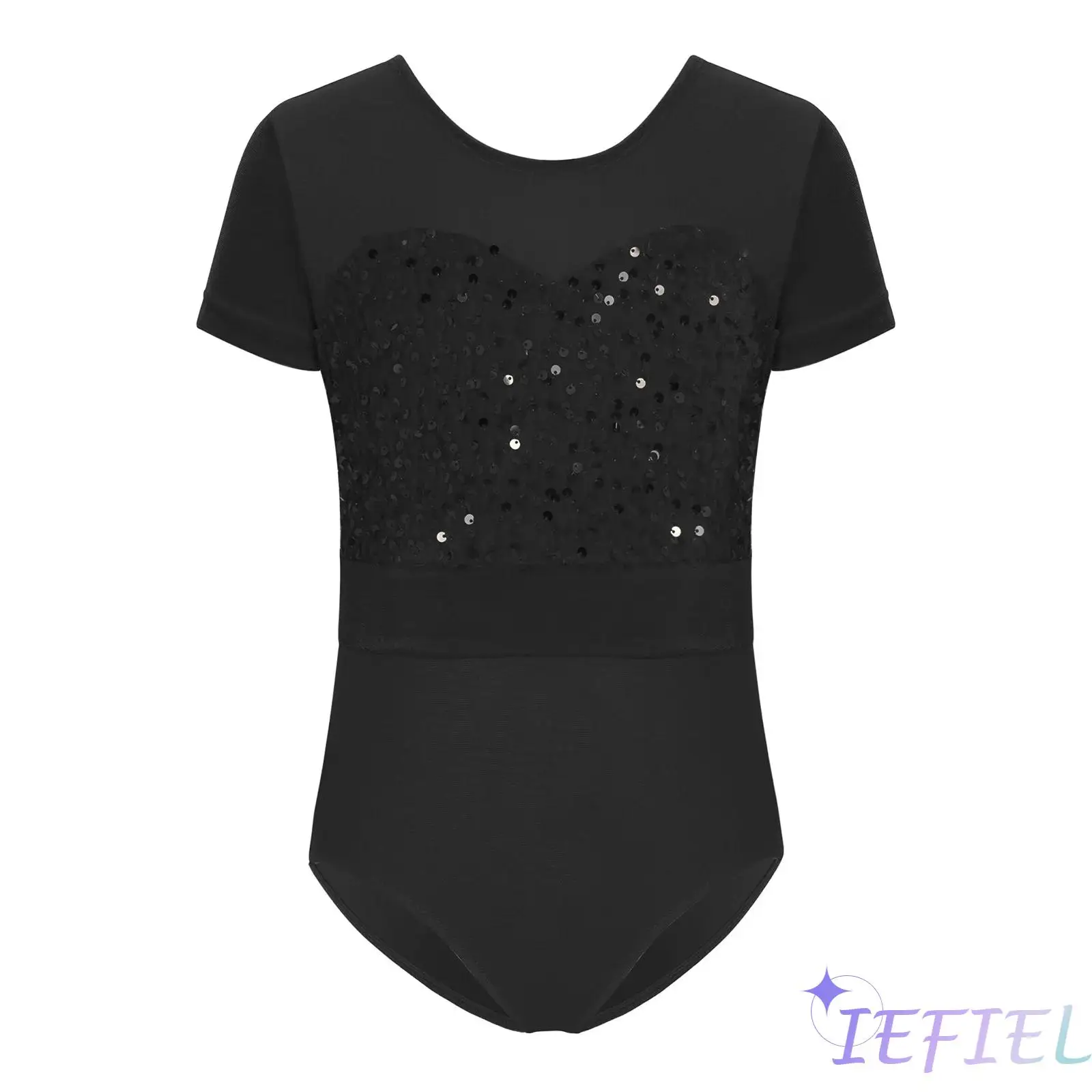 

Girls Ballet Gymnastics Leotard Short Sleeve Shiny Sequins Velvet Patchwork Press Buttons Crotch Bodysuit Ballerina Dancewear