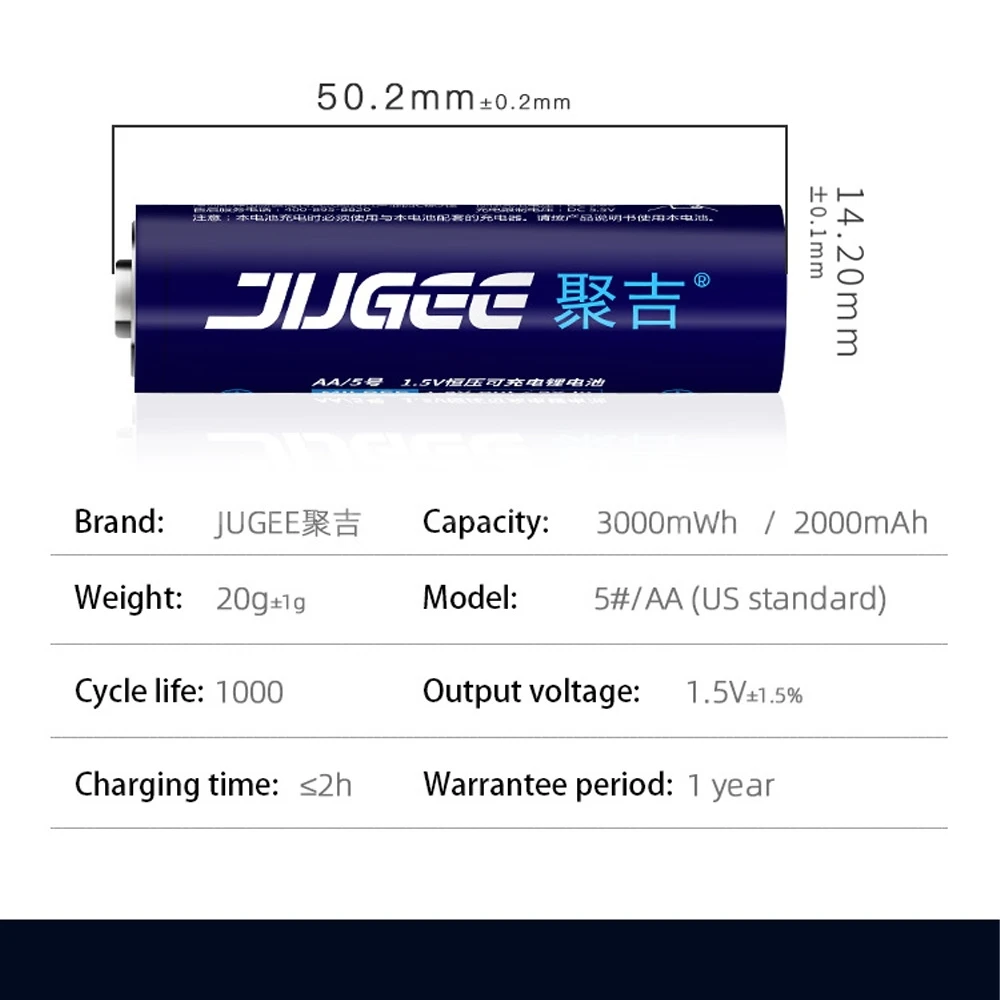 JUGEE 1.5v 3000mWh AA Rechargeable Li-polymer Li-ion Polymer Lithium Battery for Remote Control, Smart Mouse  + USB Charger