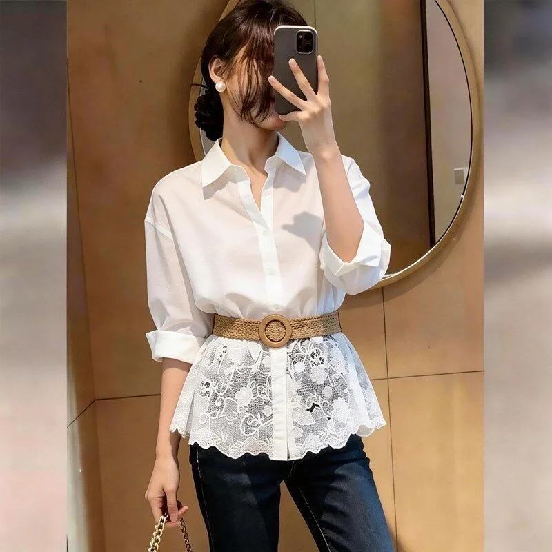 

Elegant Lace Splicing Hollow out Long Sleeve Shirt Collar Commute Style Women's Comfortable Breathable Polyester Fiber