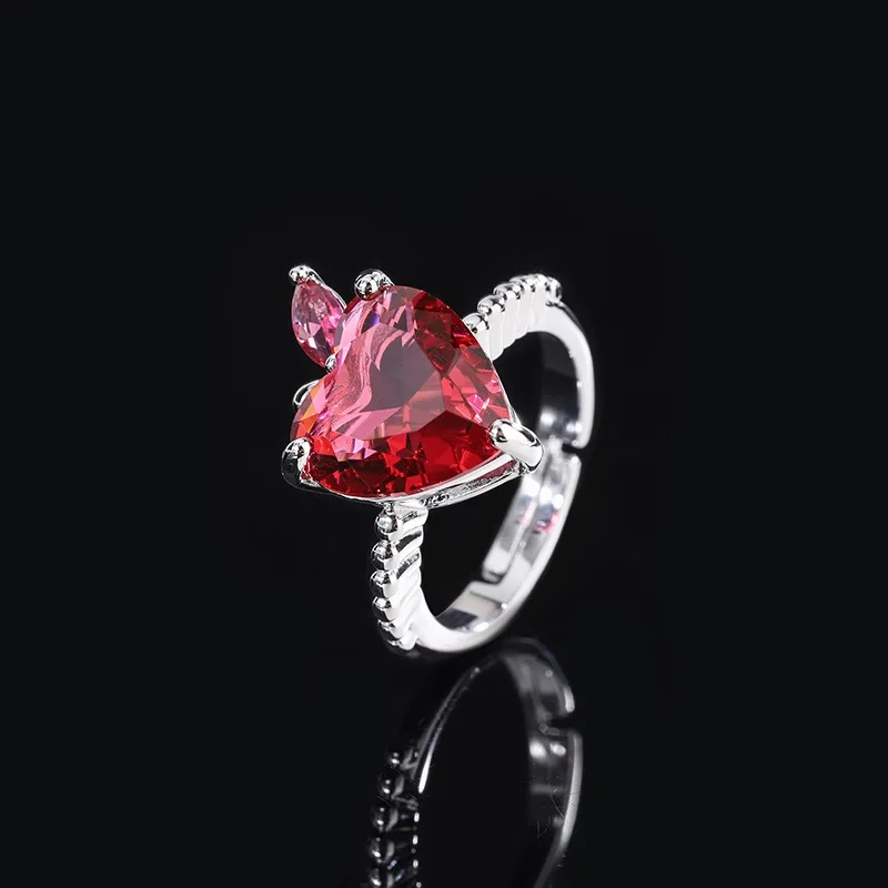 Vintage Adjustable Heart Shaped Apple Rings for Women Green and Red Crystal Jewelry Fashion Statement Ring for Gifts