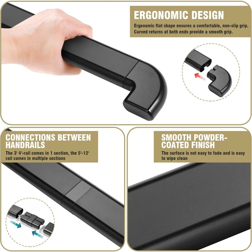 درابزين معدني داخلي وخارجي للسلالم، حاجز يد أسود مع إرجاع الحائط، مناسب للدرج الداخلي والخطوات الخارجية #3