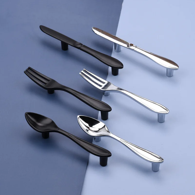 Fork Knife Spoon Design Cabinet Handle, Modern Minimalist Pull in Gloss Silver, Matte Black, Antique Brass & Gold