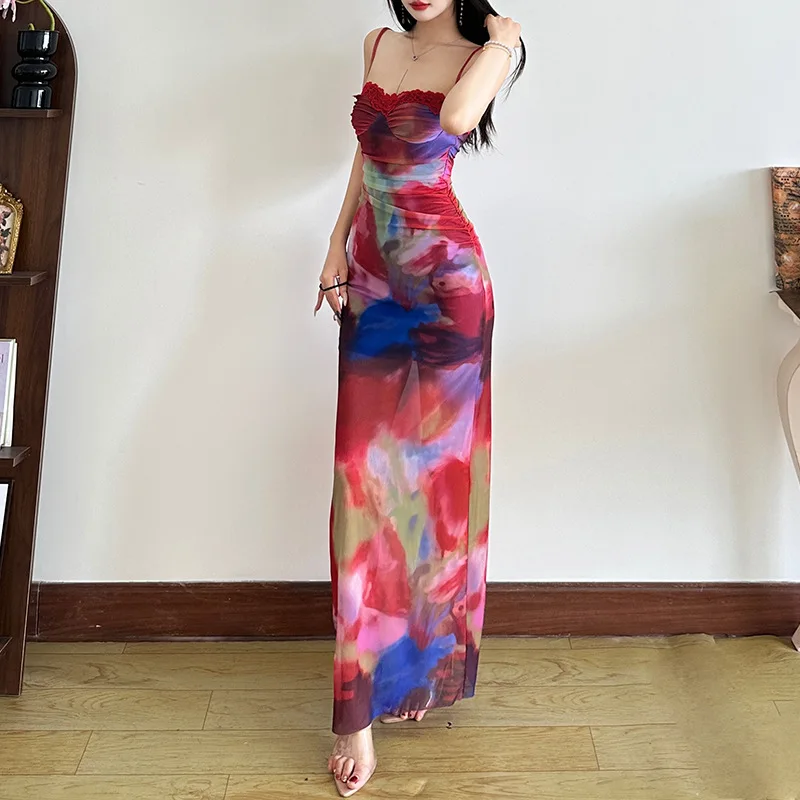 2025 ฤดูร้อนผู้หญิงTie Dye MaxiชุดPatchworkลูกไม้Sheerตาข่ายสปาเก็ตตี้แขนกุดBackless SundressวันหยุดBeachwear