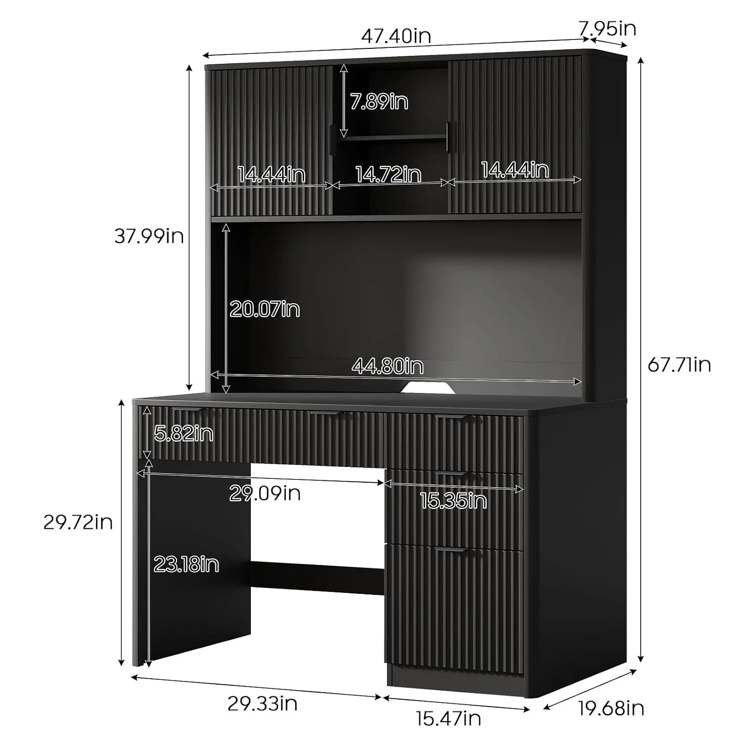 Executive Desk with Fluted Drawers, Pure Black, Customized