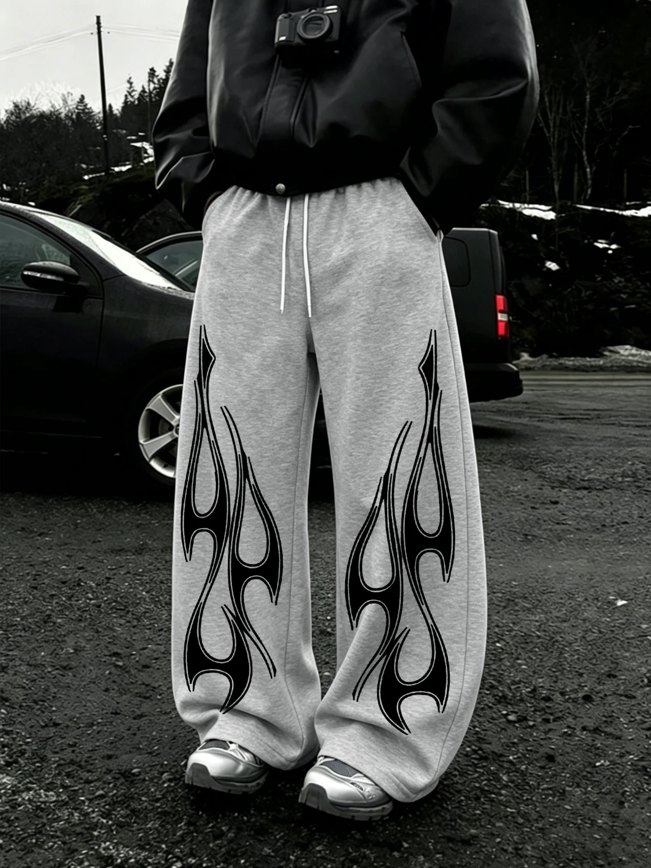 Men Y2K Dark Punk Streetwear Sweatpants, Hollow Outline Flame Totem Symmetrical Double Side Print Drawstring Loose Baggy Pants