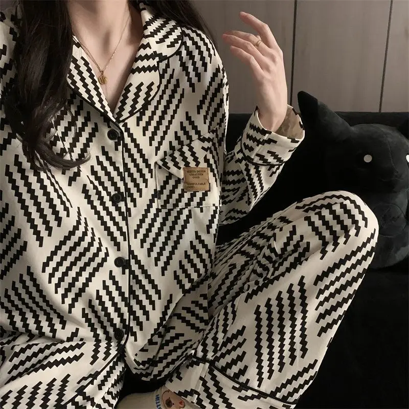 

Женский пижамный комплект: модная домашняя одежда с длинными рукавами, красочная клетчатая расцветка, осенний домашний комплект, минималистичный, удобный, дышащий.