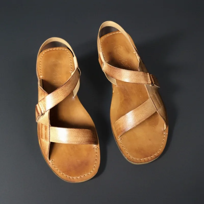 Handmade Vintage Genuine Leather Soft Soled Roman Sandals Men Open Toe Shoes Cowhide Summer Brown Beach Sandals Male