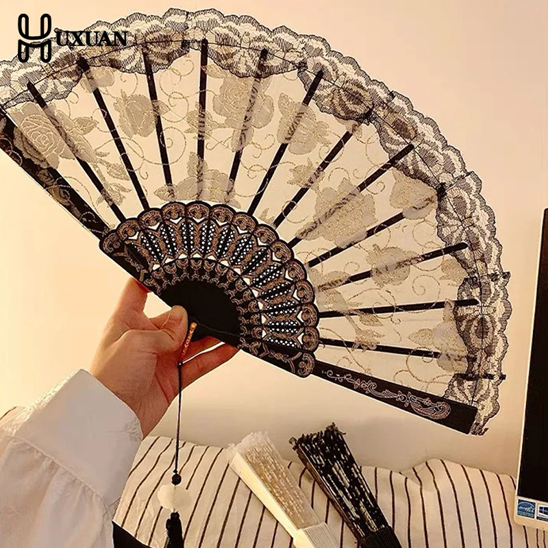 Folding Fan With Tassel Wedding Cosplay Party Home Folding Fans Lace Hand Fan White Black Lace Decorative Fan Photo Props