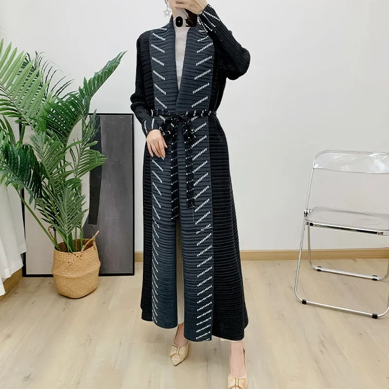 YUDX Miyake Pleated Turndown Collar Vintage Printed Long Sleeve Dress Women 2024 Original Designer Abaya Fashion Classical Coats