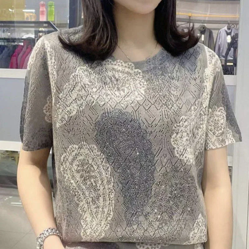 Fashion All-match Female Round Neck Printing T-shirt Women\'s Clothing 2023 Summer Korean Elegant Short Sleeve Diamonds Tops