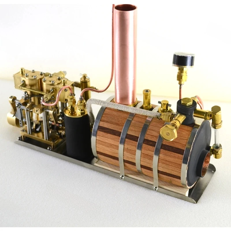 Two-Cylinder Reciprocating Steam Engine Power Group, Retro Model,And Single Vertical Horizontal Boiler