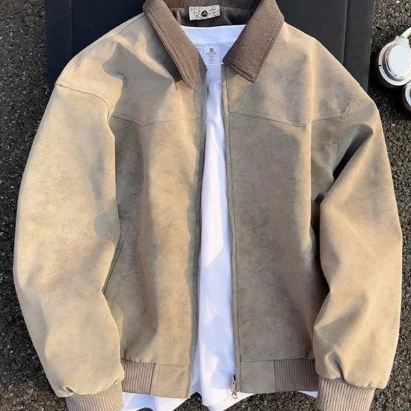 Men Grey Dark Pattern Tie-Dye Detroit Jacket Spring Streetwear Lapel Cropped American High Street Regular Shoulder Workwear Coat