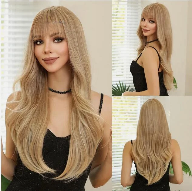 Long Blonde Layered Wavy for Women Synthetic Wig with Bangs