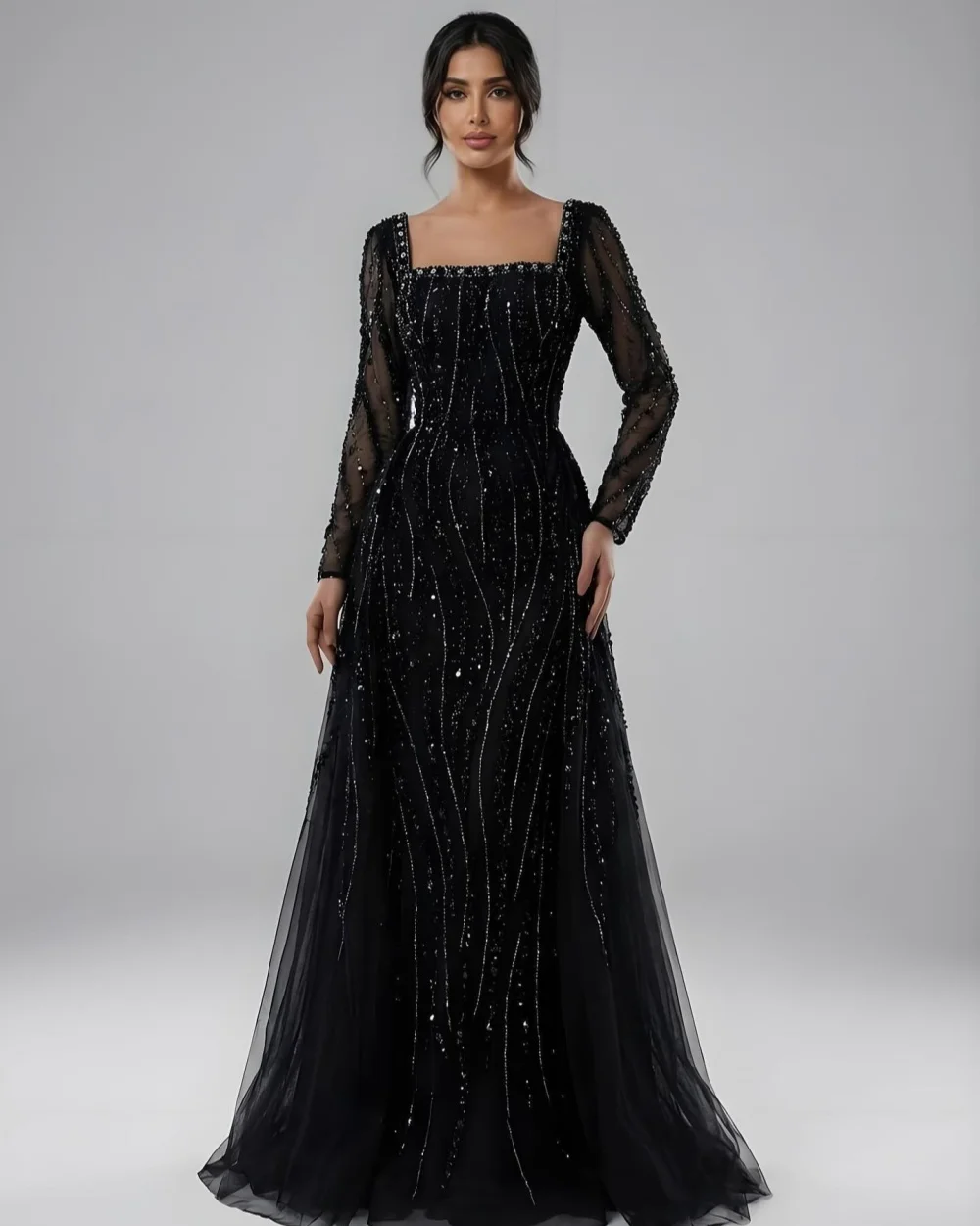 

Customized Luxury Women Sequined Beading A-line Evening Dresses Square Neck Long Sleeves Ruched Prom Dresses Elegant Party Gowns