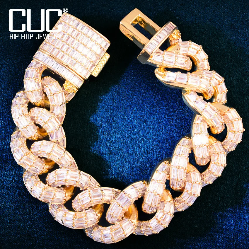 CUC Mens Miami Cuban Bracelet Gold Color Chain Iced Out Baguette Zircon Hip Hop Link Fashion Punk Jewelry 21mm