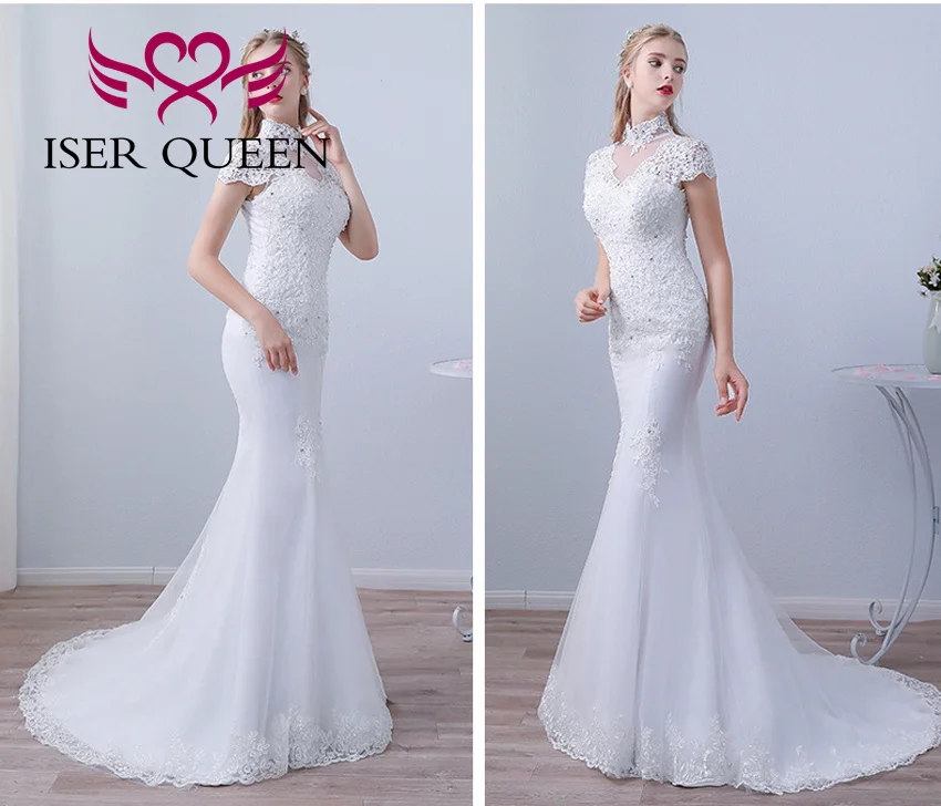 ที่กําหนดเองคอสูงลูกไม้ Appliques ชุดเดรสเมอร์เมดสําหรับผู้หญิงแขนสั้น Hollow กลับ Elegant ชุดเจ้าสาว WD8008