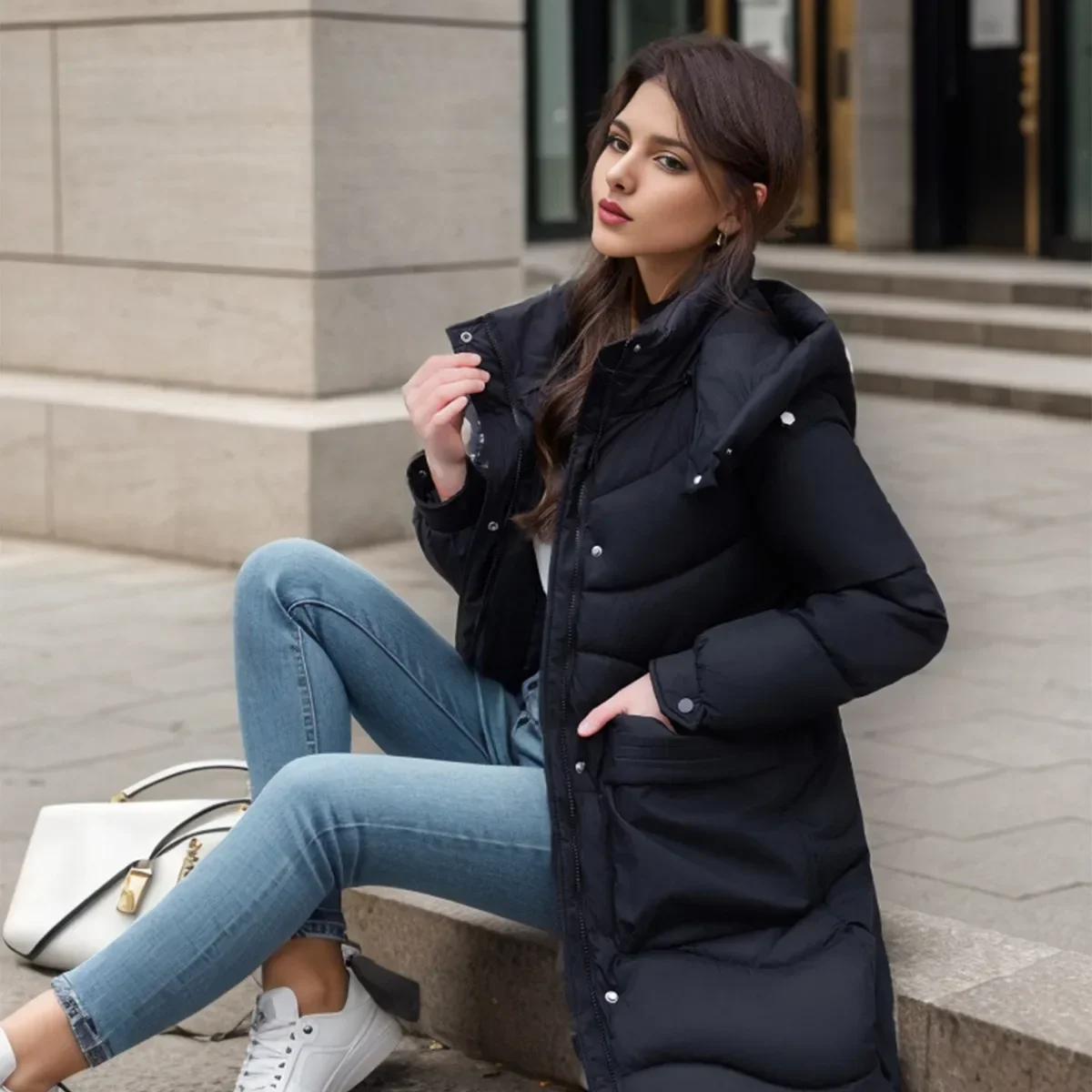 Women's New Winter Long Cotton Jacket Female Hooded Thicken Warm Jacket Women's 2 Pocket Versatile Jacket Women's Coats 2025 New